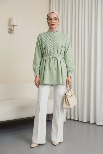 Yarım Düğmeli Nervürlü Bağcıklı Gömlek -AYeşil