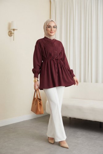 Yarım Düğmeli Nervürlü Bağcıklı Gömlek -Bordo