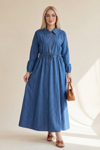 Yarım Fermuarlı Tünel Bağcıklı Cepli Tensel Kot Elbise -İndigo