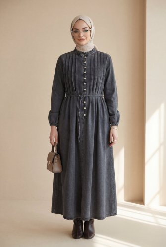 Kolu Lastikli Beli Bağcıklı Yarım Düğmeli Kot Elbise -Füme