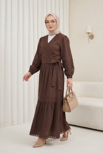 Dantel Detaylı Bağlamalı Kolu Lastikli Kraş Etekli Takım    -K Kahve