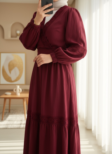 Dantel Detaylı Bağlamalı Kolu Lastikli Kraş Etekli Takım  -Bordo