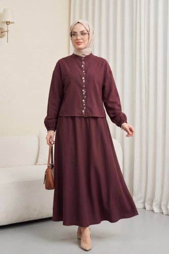 Kolu Lastikli Önü İncili Düğmeli Etekli Modal Takım   -Bordo