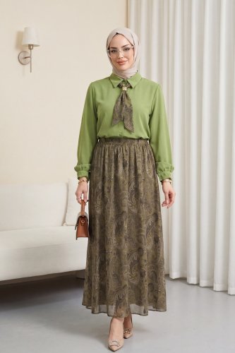 Beli Kemerli Fularlı Astarlı Etekli Şifon Takım  -Çağla Y
