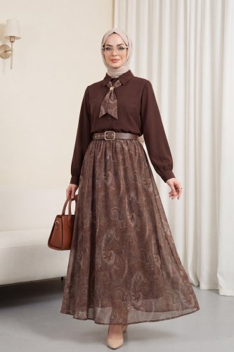 Beli Kemerli Fularlı Astarlı Etekli Şifon Takım  -K Kahve
