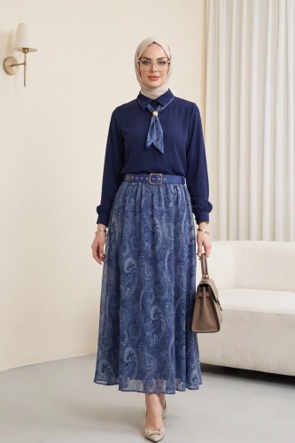 Beli Kemerli Fularlı Astarlı Etekli Şifon Takım  -Laci