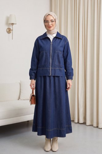 Önü Fermuarlı Çift Cepli Etekli Kot Takım  -KLaci