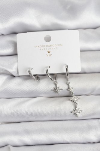 Kutup Yıldızı Model Gümüş Renk Pirinç 3lü Kadın Küpe Seti