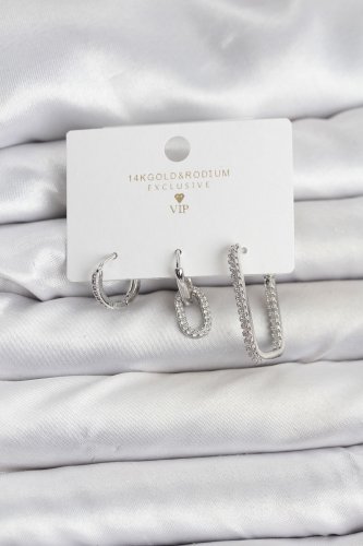 Gümüş Renk Zirkon Taşlı 3lü Kadın Küpe Seti