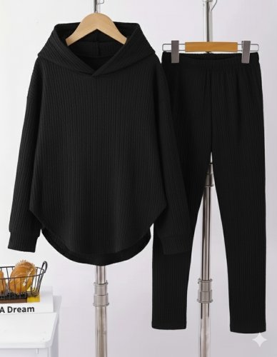 Kadın uzun kollu kapşonlu meloni bluz ve pantolon ikili takım