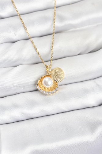 316L Çelik Zincir Gold Renk İncili Deniz Kabuğu Model Zirkon Taşlı Kadın Kolye