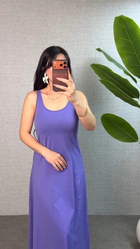 Kadın askılı yuvarlak yaka süprem kumaş elbise