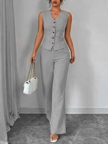 Kadın askılı önden düğmeli bluz ve pantolon keten ikili takım