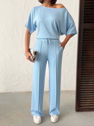 Kadın İsa kollu kayık yaka bluz ve pantolon misal kumaş ikili takım