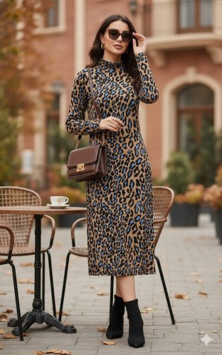 Kadın uzun kollu balıkçı yaka leopar desenli midi boy elbise