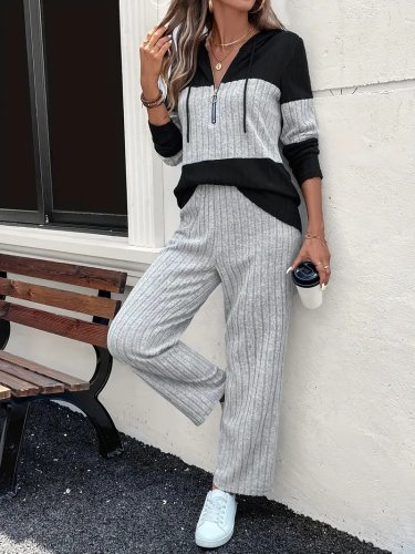 Kadın uzun kollu kapşonlu önden fermuarlı şardonlu kaşkorse bluz ve pantolon