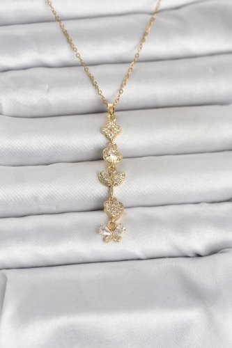 316L Çelik Gold Renk Şans Kolyesi Y Model Zirkon Taşlı Kadın Kolye