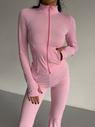 Kadın balıkçı yaka cep detaylı ceket ve ispanyol paça spor ikili takım