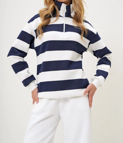 Kadın uzun kollu balıkçı yaka fermuar detay şeritli üç iplik kumaş sweat