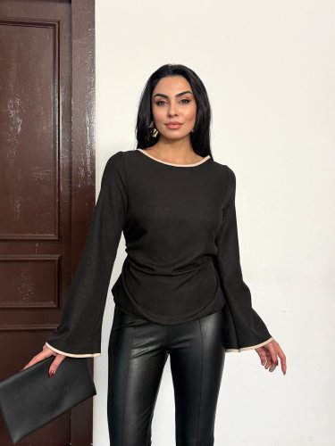 Kadın İspanyol kol arkası bağcık ip detay keten bluz