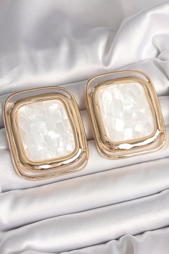 Pirinç Gold Renk Beyaz Mineli Kare Model Kadın Küpe