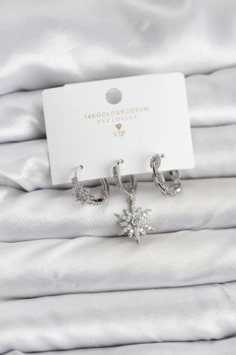 Pirinç Gümüş Renk Kutup Yıldızı Model 3lü Kadın Küpe Seti