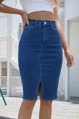 Kadın yüksek bel önden yırtmaçlı kısa kot etek