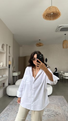 Kadın Flamlı keten tek cep oversızed gömlek