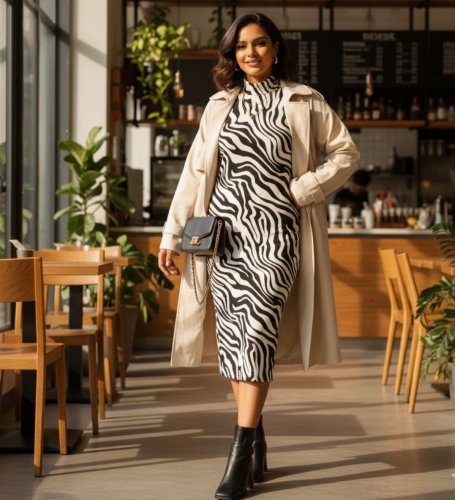 Kadın uzun kollu balıkçı yaka zebra detay midi boy elbise