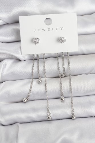 Topçuk Model Gümüş Renk Pirinç Sallantılı Kadın Küpe Seti