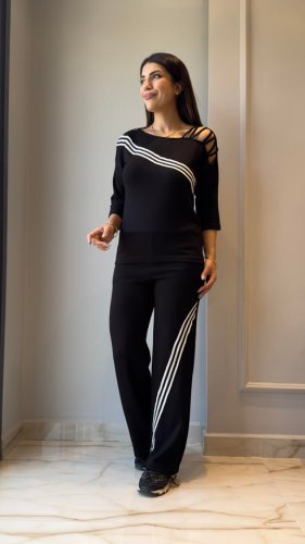 Kadın uzun kollu truvakar kol tek omuz çapraz şerit detaylı ribanalı viskon iki iplik bluz ve pantolon ikili takım