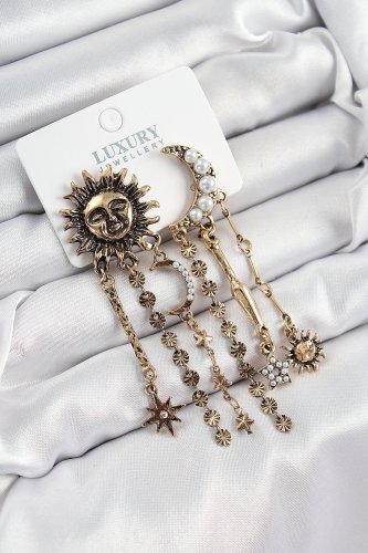 Pirinç Zirkon Taşlı Güneş Ve Ay Figürlü Eskitme Model Sallantılı Küpe