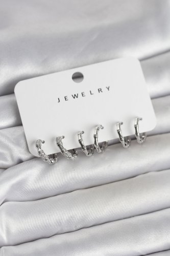 Gümüş Renk Pirinç Kemik Model 3 Çift Kadın Küpe Seti