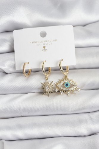 Göz Model Gold Renk Pirinç 3lü Kadın Küpe Seti