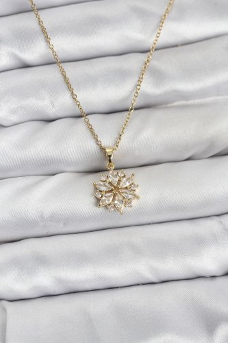 316L Çelik Zincir Gold Renk Lotus Model Zirkon Taşlı Kadın Kolye