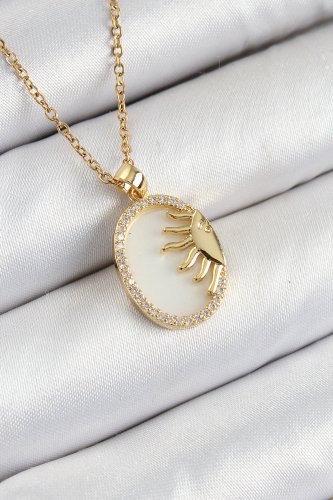 316L Çelik Zirkon Taşlı Yarım Güneş Model Gold Renk Kadın Kolye