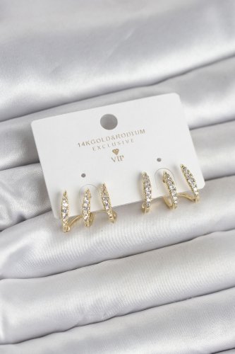 Gold Renk Pirinç Zirkon Taşlı Kadın Küpe