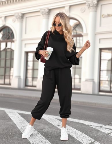 Kadın uzun kollu kapşonlu viskon iki iplik bluz ve pantolon ikili takım